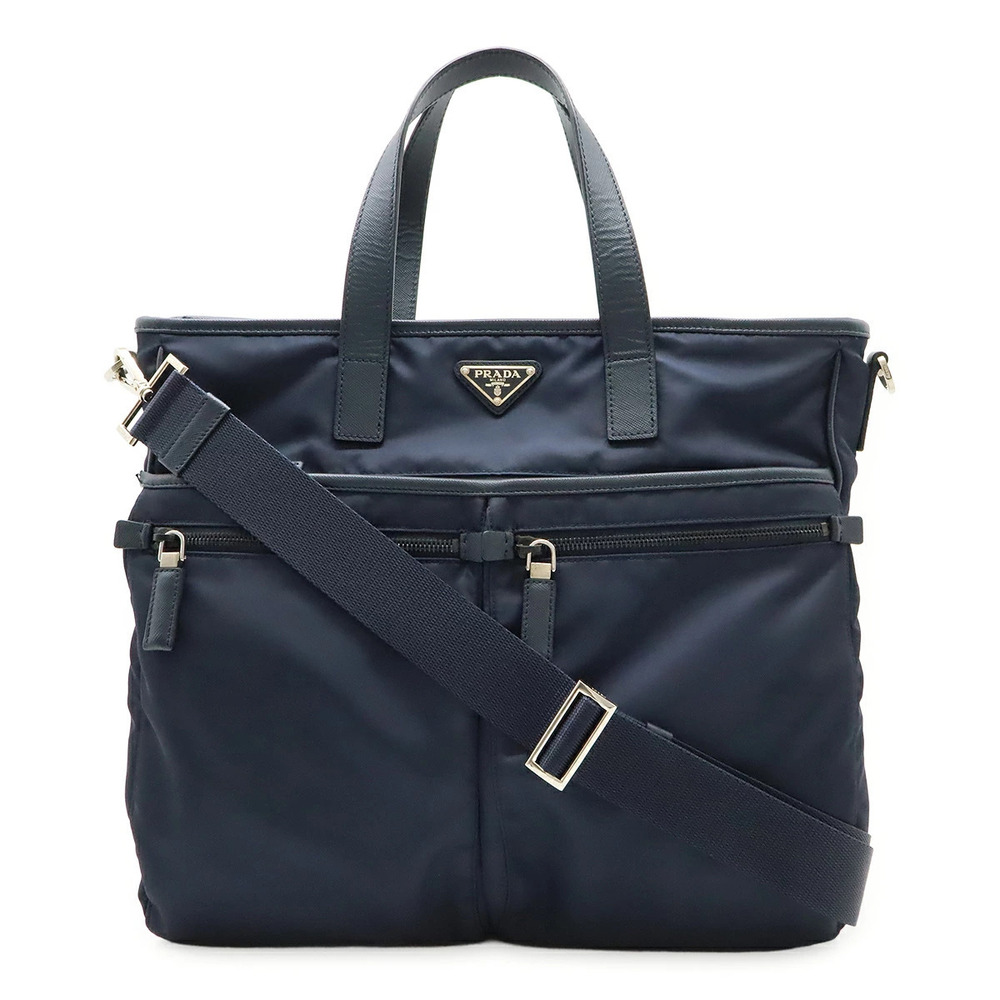 Prada Tote Tessuto Saffiano Bag Shoulder Leather Blue Navy Blue